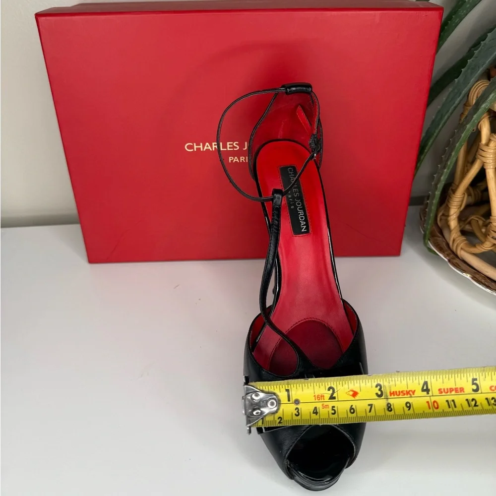 Charles Jourdan Paris Black Leather Ankle Strap Peep Toe Heels Bow Detail 8.5M - Picture 9 of 13